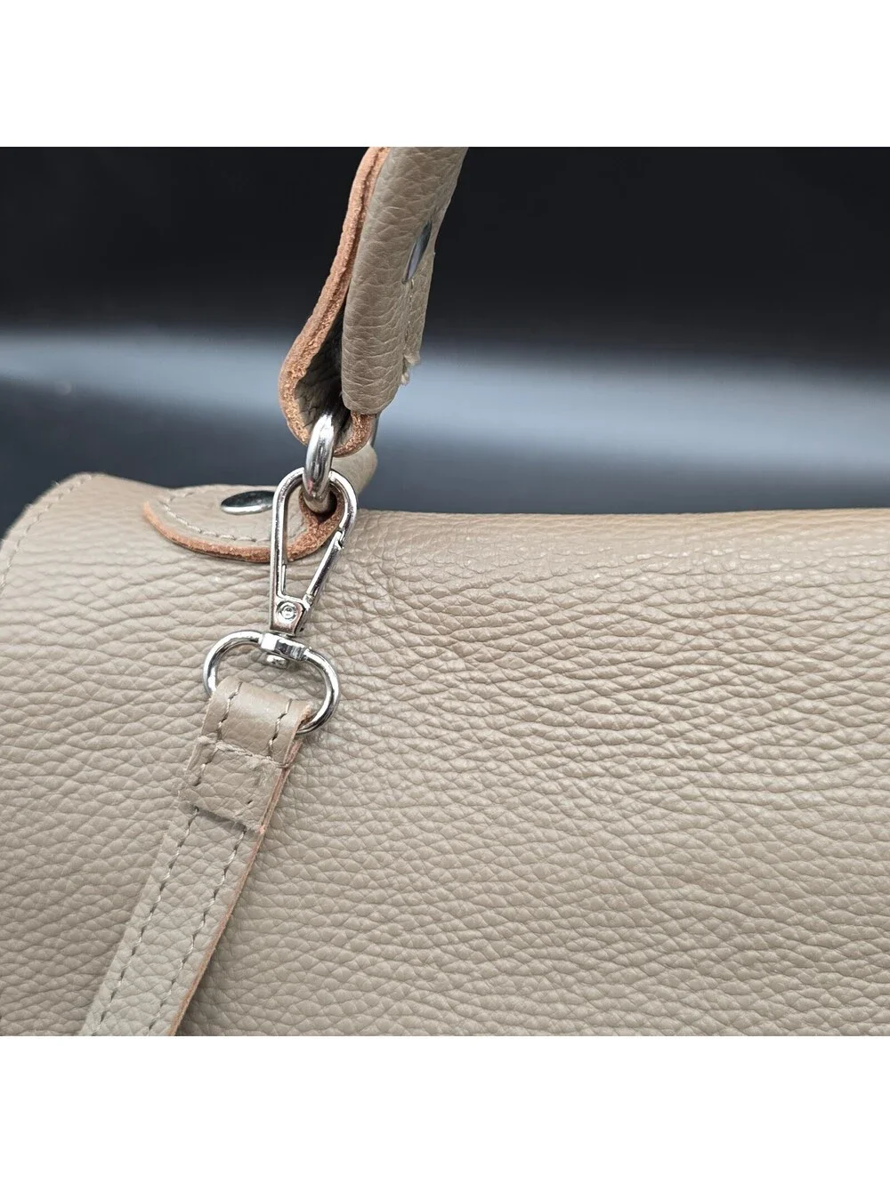 LOOWIE Italian Leather Satchel Bag Taupe Beige Pebbled Leather Crossbody Flap